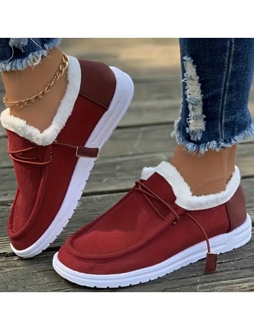 Women's Solid Color Lined Shoes, Slip On Fluffy Warm Flat Non-slip Canvas Shoes, Plush Winter Comfy Shoes