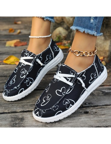 Women's Heart Pattern Loafers, Lightweight Slip On Casual Soft Sole Shoes, Valentine's Day Canvas Shoes