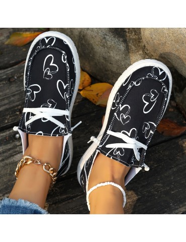 Women's Heart Pattern Loafers, Lightweight Slip On Casual Soft Sole Shoes, Valentine's Day Canvas Shoes