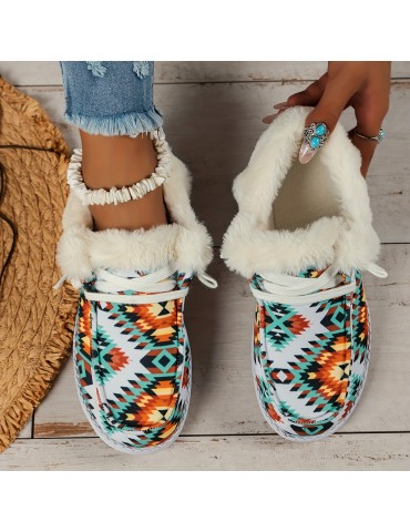 Women's Geometric Pattern Canvas Shoes, Casual Lace Up Plush Lined Shoes, Comfortable Low Top Sneakers