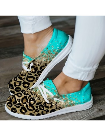 Women's Rhinestone & Leopard Decor Canvas Shoes, Low Top Lace Up Slip-on Shoes, Casual & Lightweight Shoes