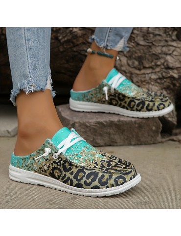 Women's Rhinestone & Leopard Decor Canvas Shoes, Low Top Lace Up Slip-on Shoes, Casual & Lightweight Shoes