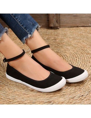 Women's Balck Canvas Shoes, Casual Buckle Strap Flat Shoes, Women's Daily Outdoor Shoes