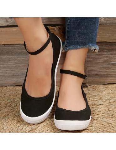 Women's Balck Canvas Shoes, Casual Buckle Strap Flat Shoes, Women's Daily Outdoor Shoes