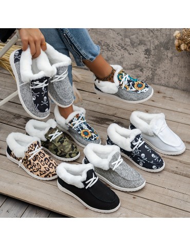 Women's Fluffy Fleece Lined Canvas Shoes, Thermal Slip On Low Top Shoes, Winter Warm Flat Shoes