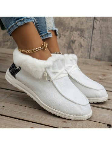 Women's Fluffy Fleece Lined Canvas Shoes, Thermal Slip On Low Top Shoes, Winter Warm Flat Shoes