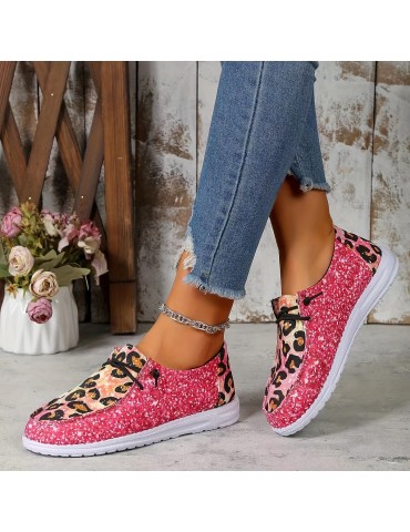 Women's Leopard Print Canvas Shoes, Casual Lace Up Outdoor Shoes, Lightweight Low Top Sneakers