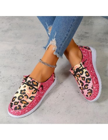Women's Leopard Print Canvas Shoes, Casual Lace Up Outdoor Shoes, Lightweight Low Top Sneakers