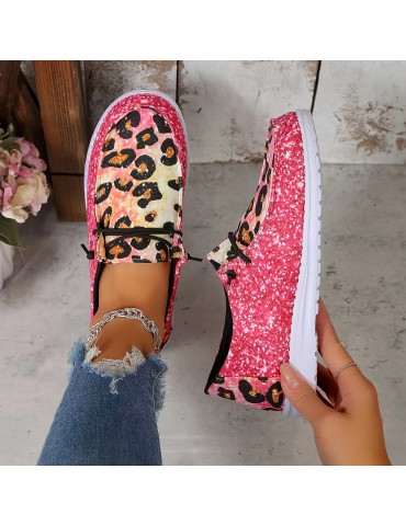Women's Leopard Print Canvas Shoes, Casual Lace Up Outdoor Shoes, Lightweight Low Top Sneakers