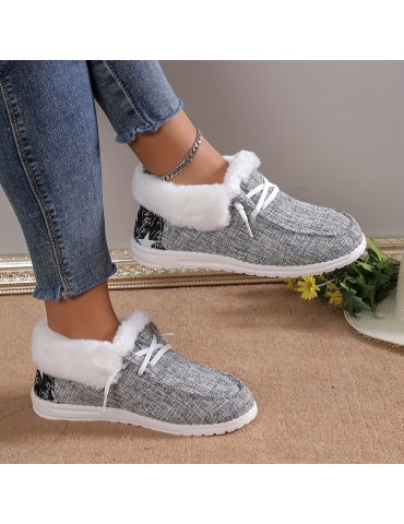 Women's Plush Lined Canvas Shoes, Warm & Cozy Slip On Snow Boots, Thermal Winter Ankle Boots