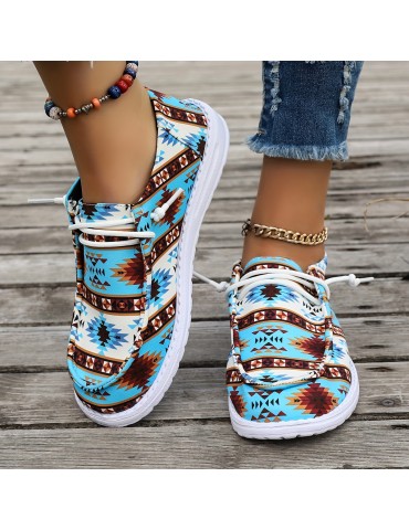 Women's Geometric Pattern Canvas Shoes, Casual Lace Up Outdoor Shoes, Lightweight Low Top Sneakers