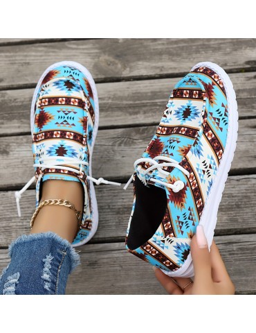 Women's Geometric Pattern Canvas Shoes, Casual Lace Up Outdoor Shoes, Lightweight Low Top Sneakers