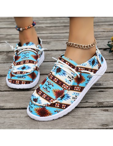 Women's Geometric Pattern Canvas Shoes, Casual Lace Up Outdoor Shoes, Lightweight Low Top Sneakers