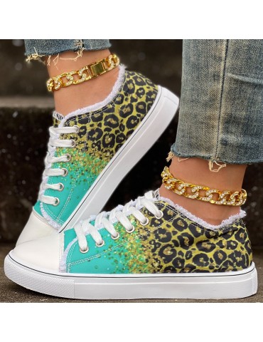 Women's Leopard Print Canvas Shoes, Casual Glitter Sequins Decor Lace Up Shoes, Lightweight Low Top Sneakers