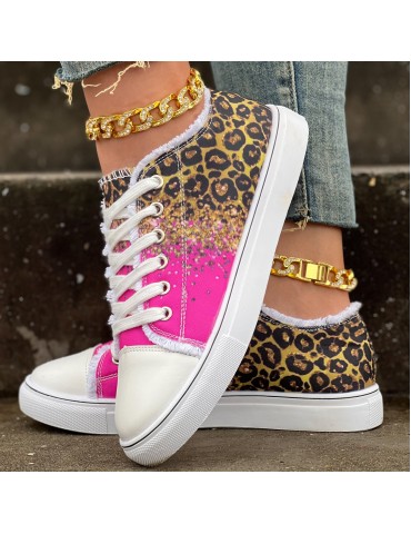 Women's Leopard Print Canvas Shoes, Casual Glitter Sequins Decor Lace Up Shoes, Lightweight Low Top Sneakers