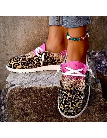 Women's Leopard Print Canvas Shoes, Fashion Round Toe Low Top Slip On Loafers, Casual Flat Sneakers