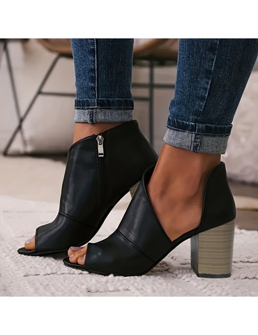Women's Side Cut-out Block Heel Sandals, Peep Toe Side Zipper Stacked Heel Shoes, Fashionable High Heels