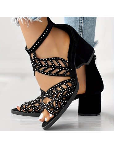 Women's Boho Hollow Out Block Heels, Peep Toe Back Zipper Low Heel Sandals, Fashion Dress Heels