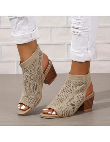 Women's Chunky Heeled Sandals, Knitting Peep Toe Slip On Slingback Low Heels, Fashion Fabric Sandals