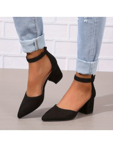 Women's D'Orsay Chunky Mid Heels, Solid Color Pointed Toe Ankle Strap Sandals, Versatile Fashion Sandals