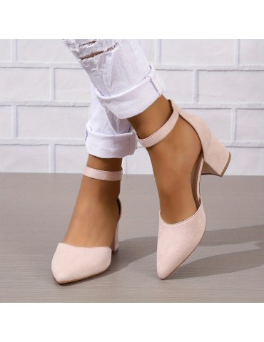 Women's D'Orsay Chunky Mid Heels, Solid Color Pointed Toe Ankle Strap Sandals, Versatile Fashion Sandals