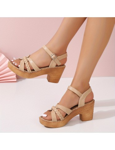 Women's Braided Chunky Heel Sandals, Casual Buckle Strap Summer Shoes, Fashion Dress Pumps