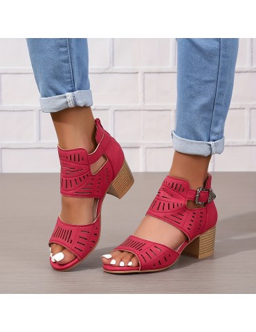 Women's Chunky Heeled Sandals, Peep Toe Perforated Ankle Buckle Strap Mid Heels, Back Zipper Design Sandals