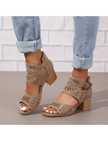 Women's Chunky Heeled Sandals, Peep Toe Perforated Ankle Buckle Strap Mid Heels, Back Zipper Design Sandals