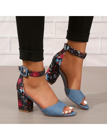 Women's Chunky Heeled Sandals, Peep Toe Floral Print Ankle Strap High Heels, Fashion Canvas Sandals
