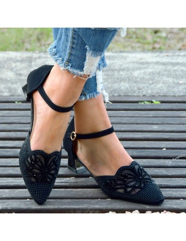 Women's Chunky Heeled Sandals, Rhinestone Mesh Pointed Toe Ankle Strap Shoes, Stylish Mid Heeled D'Orsay Shoes