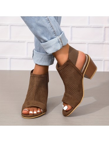 Women's Chunky Heeled Sandals, Retro Perforated Peep Toe Elastic Strap Slingback Shoes, Solid Color Slip On Sandals