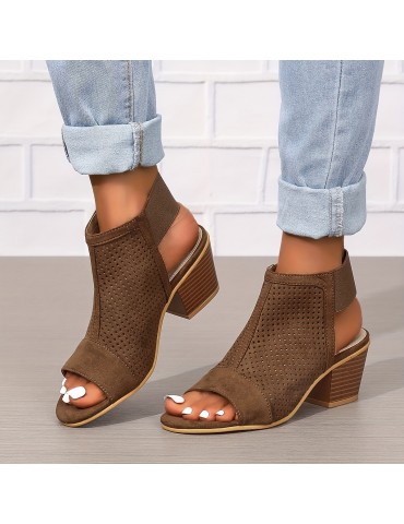 Women's Chunky Heeled Sandals, Retro Perforated Peep Toe Elastic Strap Slingback Shoes, Solid Color Slip On Sandals