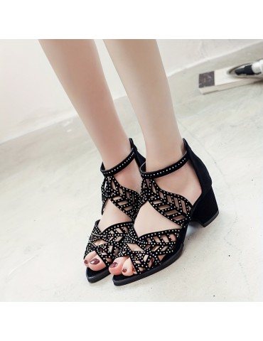 Women's Chunky Heeled Sandals, Peep Toe Rhinestone Decor Back Zipper Mid Heels, Fashion Dress Shoes