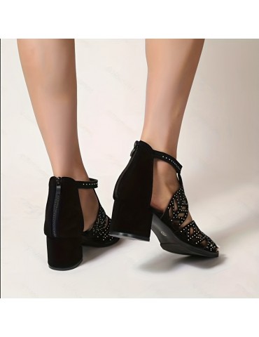 Women's Chunky Heeled Sandals, Peep Toe Rhinestone Decor Back Zipper Mid Heels, Fashion Dress Shoes