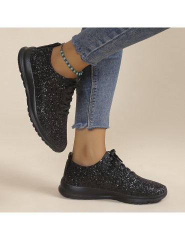 Women's Glitter Sequins Decor Sneakers, Casual Lace Up Outdoor Shoes, Lightweight Low Top Walking Shoes