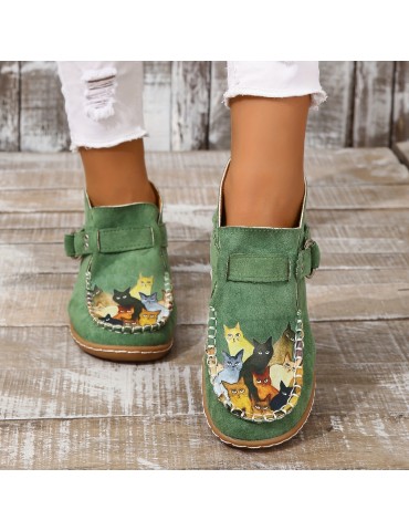 Women's Cute Cat Pattern Ankle Boots, Retro Round Toe Buckle Slip On Shoes, Comfortable Low Top Shoes