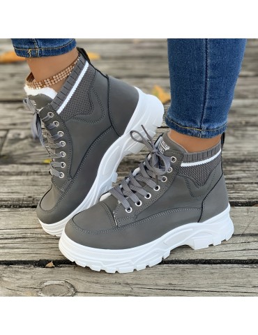 Women's Platform Sneakers, Casual Lace Up Plush Lined Shoes, Comfortable High Top Shoes