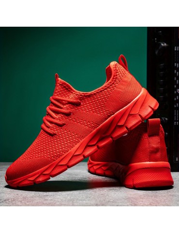 Women's Breathable Flying Woven Sneakers, Casual Solid Color Running Shoes, Lightweight Lace Up Athletic Shoes