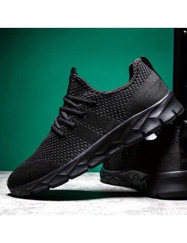 Women's Breathable Flying Woven Sneakers, Casual Solid Color Running Shoes, Lightweight Lace Up Athletic Shoes