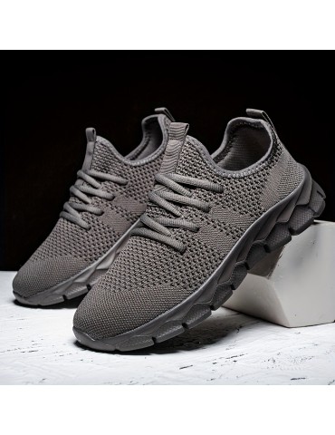 Women's Breathable Flying Woven Sneakers, Casual Solid Color Running Shoes, Lightweight Lace Up Athletic Shoes