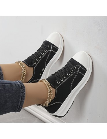 Women's Platform Canvas Sneakers, Solid Color Lace Up Low Top Walking Trainers, Casual Outdoor Sports Shoes