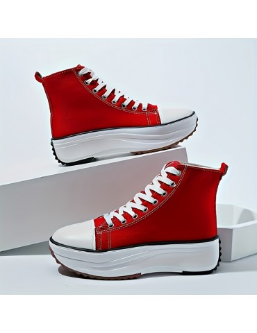 Women's Solid Color Casual Sneakers, Lace Up Soft Sole Platform Skate Shoes, Versatile High-top Canvas Shoes