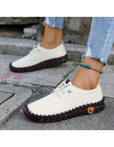 Women's Trendy Faux Leather Sneakers, Casual Lace Up Outdoor Shoes, Lightweight Low Top Shoes