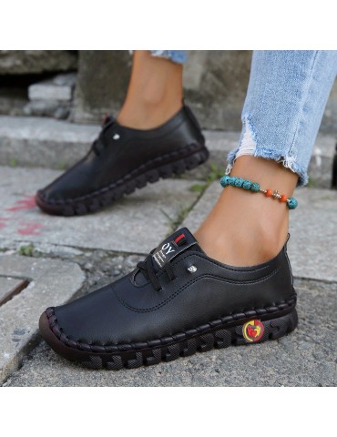 Women's Trendy Faux Leather Sneakers, Casual Lace Up Outdoor Shoes, Lightweight Low Top Shoes