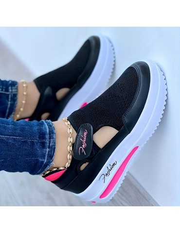 Women's Breathable Knit Platform Sneakers, Casual Hook & Loop Outdoor Shoes, Lightweight & Comfortable Sport Shoes