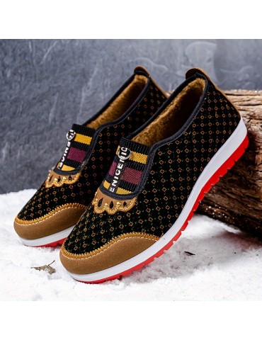 Women's Retro Print Low Top Flat Shoes, Breathable Wear Resistant Winter Warm Walking Shoes, Plush Lined Thermal Flats