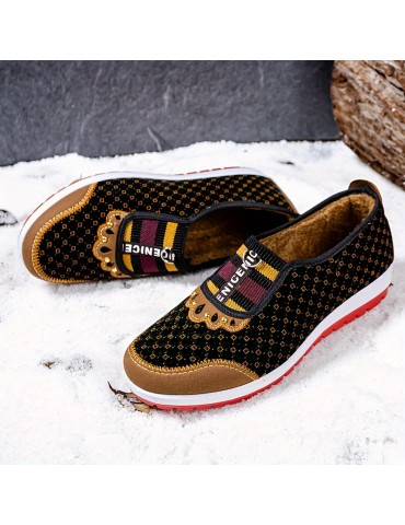 Women's Retro Print Low Top Flat Shoes, Breathable Wear Resistant Winter Warm Walking Shoes, Plush Lined Thermal Flats