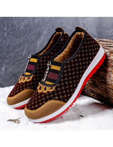 Women's Retro Print Low Top Flat Shoes, Breathable Wear Resistant Winter Warm Walking Shoes, Plush Lined Thermal Flats