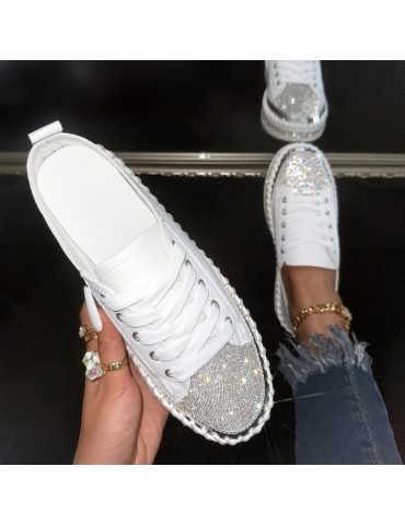 Women's Rhinestone Flat Sneakers, Fashion Round Toe Lace Up Low Top Skate Shoes, All-Match Outdoor Trainers
