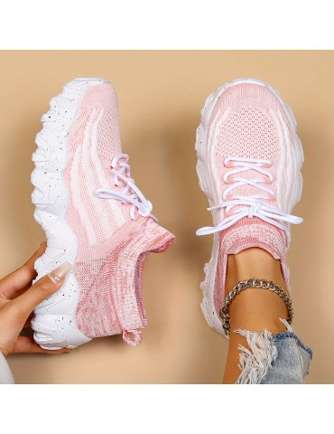 Women's Breathable Knit Platform Sneakers, Casual Lace Up Outdoor Shoes, Comfortable Low Top Trainers